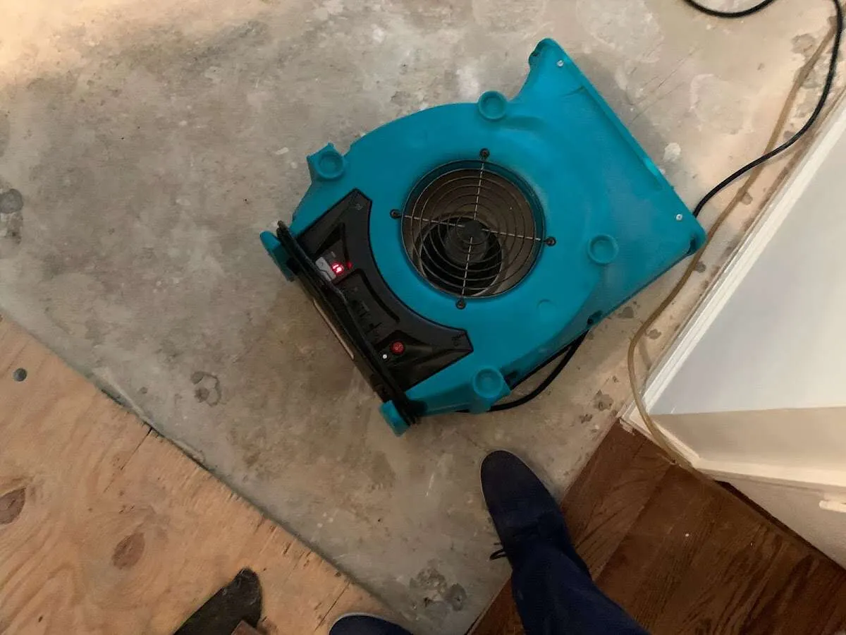 Air mover drying subfloor during Commercial Water Damage Restoration in South Heidelberg
